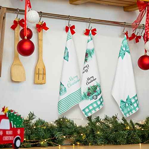 Kajaia 4 Pieces Christmas Teal Kitchen Towels and Dishcloths Merry Christmas Truck Gnome Kitchen Towels Blue Buffalo Plaid Hand Towels Turquoise Blue Dish Towels Teal Christmas Kitchen Decor(Gnome)