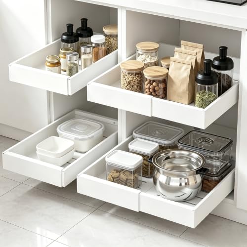 DEKAVA 4 Pack Pull Out Cabinet Organizer - Expandable, White, Fits 12-20" Wide, 21" Deep