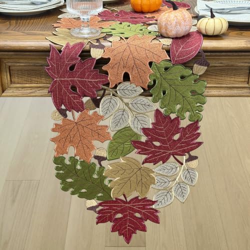 KEVA 13x72 Inch Fall Table Runner with Harvest Maple Leaves Embroidery