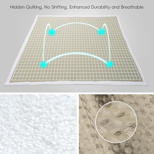 PHF Waffle Sherpa Blanket Queen Size, 90x90 Inches Luxury Plush Flannel Fleece Blanket for Winter, No Shed No Pilling, Cozy Soft & Reversible Waffle Weave Bedding for Home Decor, Khaki