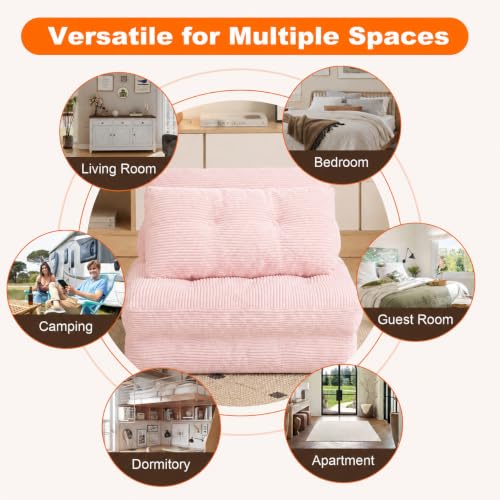 Pink Folding Sofa Bed - King Oasis Corduroy Chair Bed with Pillows, 3-in-1 Convertible Floor Couch