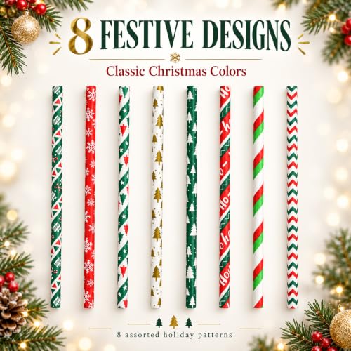200 Christmas Paper Straws, 7.75in Party Straws