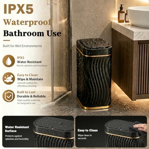 5 Gallon Automatic Touchless Bathroom Trash Can - Black Gold, IPX5 Water-Resistant