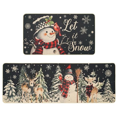MEHOFOND Christmas Kitchen Rugs Set of 2 Black Snowflake Snowman Deer Winter Holiday Floor Mats, 17x29 & 17x47 Inches