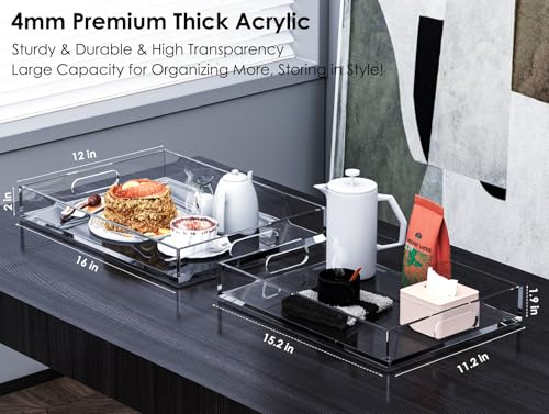 2 Pack Large Clear Acrylic Serving Trays with Handles - 16x12 Inches