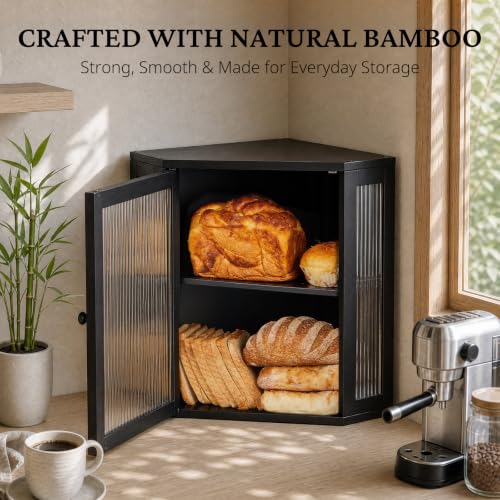 Corner Bread Box - Extra Large 2-Tier Bamboo Storage with Adjustable Shelf - Black
