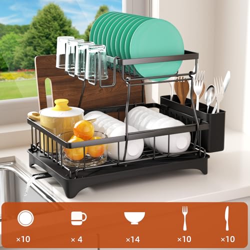 Godboat 2-Tier Dish Drying Rack - Auto Drain-to-Sink Black