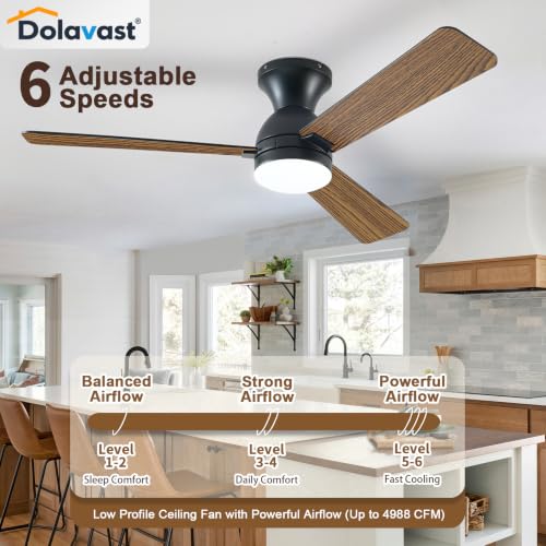Black 48 Inch Low Profile Ceiling Fan with Light and Remote – Reversible, Dimmable LED, Flush Mount