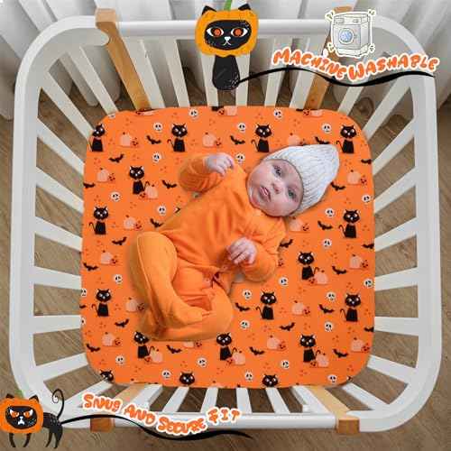 Cloele Halloween Pumpkin Square Playard/Playpen Fitted Sheets Perfect for 36 X 36 Portable Playard Mattresses - Cat Square Pack and Play Crib Sheets Halloween Room Decoration Playpen Sheet for Baby