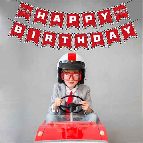 Red Race Car Party Banners - Happy Birthday Banners Checkered Garlands Banners- Racing Car Birthday Decorations Party Supplies