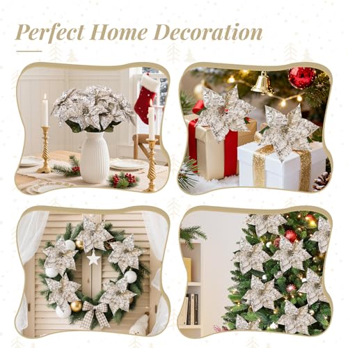 Poinsettia Artificial Flowers, 16-Piece 17in Glitter Christmas Bouquets for Indoor Outdoor Decor