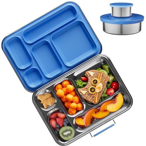 AOHEA Blue Stainless Steel Kids Bento Lunch Box 33oz 5 Compartments BPA-Free