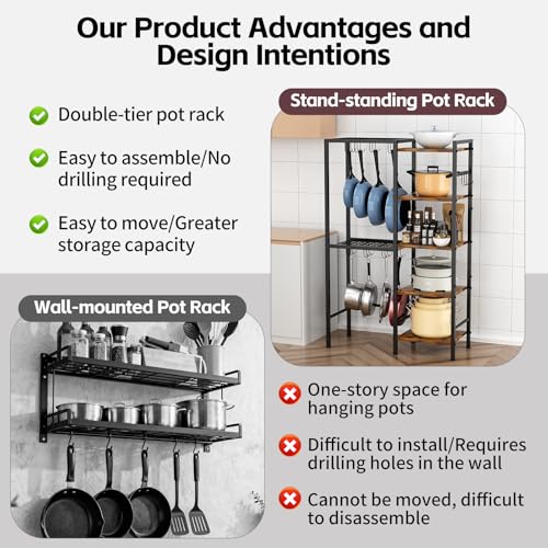 Heavy-Duty 5-Tier Pot and Pan Organizer Rack with Hooks for Kitchen Storage