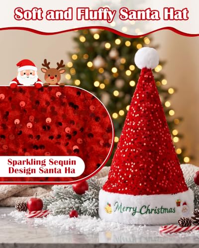 ReposeChic Red Sequin Christmas Santa Hat for Adults, Unisex Velvet Holiday Accessory