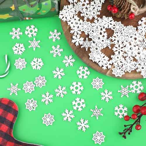 100pcs Mini Snowflake Ornaments, 0.9in Tiny Wooden Snowflakes Christmas Snowflake Decorations Snow Shaped Decors for DIY Craft Xmas Tree Winter Party Home Decoration (White)