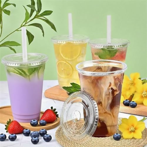 32 oz Disposable Plastic Cups with Lids & Straws - 100 Set for Cold Drinks & Takeout - Variation: 32.0 Ounces / 100
