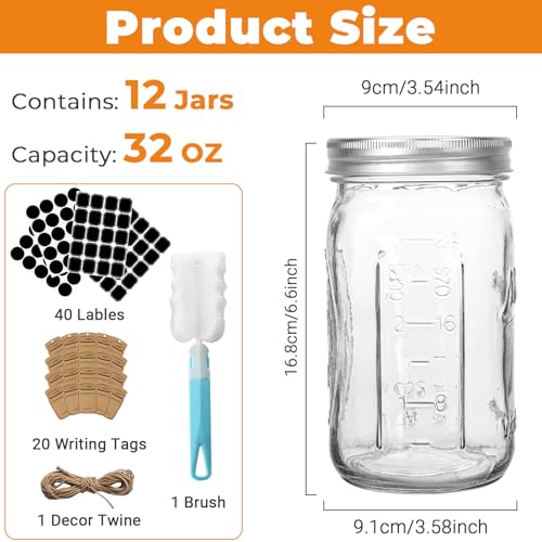 CycleMore 32oz Wide Mouth Mason Jars - 12 Pack Large Glass Food Storage Containers with Airtight Lids