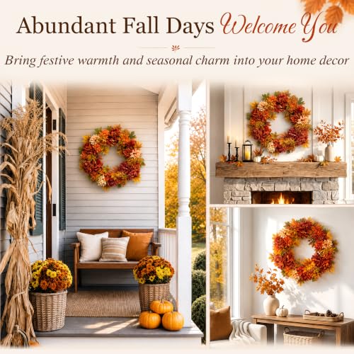 24 Inch Fall Wreath for Front Door - Autumn Floral Decor with Lifelike Blooms