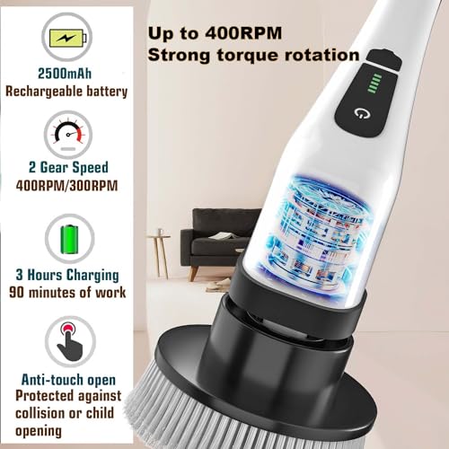 Long White Electric Spin Scrubber - Cordless Rechargeable Bathroom & Car Cleaner