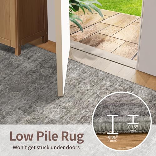 Washable 5x7 Taupe Grey Area Rug - Boho Floral Geometric Pattern for Living Room & Bedroom - Non-Slip Backing