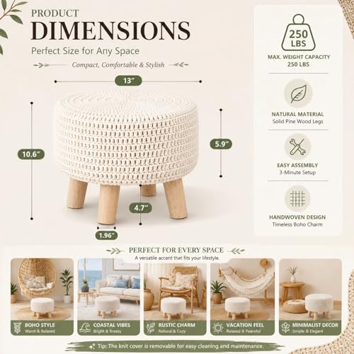 Beige 13-Inch Handmade Cotton Knitted Boho Ottoman with Wooden Legs