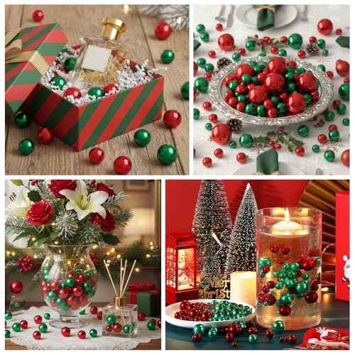 Vase Fillers Red Green No Hole Faux Pearl Beads180 Pcs, Christmas Party Decorations Centerpiece Vase Fillers, Floating Beads for VasesTable Decorations for Birthday Wedding Party 8/14/18/20mm