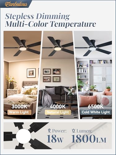 Black 52 Inch Ceiling Fan with Light Remote Control Low Profile Modern Fan