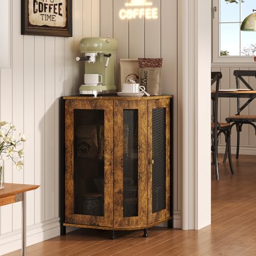 Corner Coffee Bar Cabinet 3-Tier Storage Shelf 18.7x18.7x30 inches - Rustic Wood & Iron