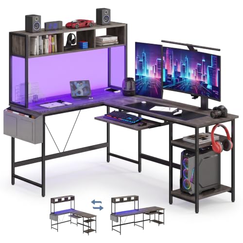 DUMOS Grey 67-Inch L-Shaped Gaming Desk with LED Lighting, Reversible Corner Computer Desk with Keyboard Tray & Storage Shelf