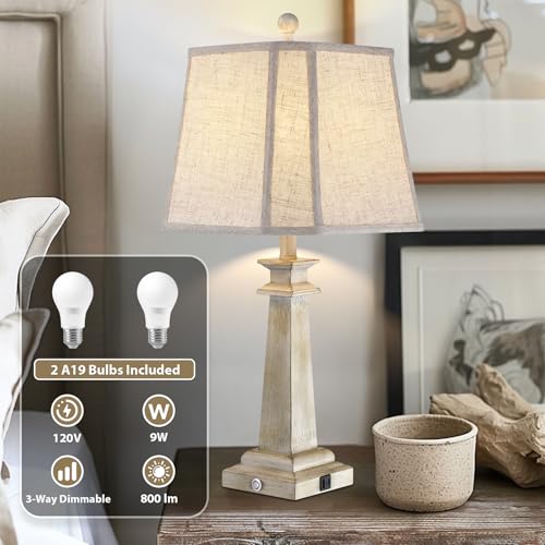 Antique White Farmhouse Table Lamps Set of 2 - 27.5" Dimmable Touch Lamps with USB Charging Ports