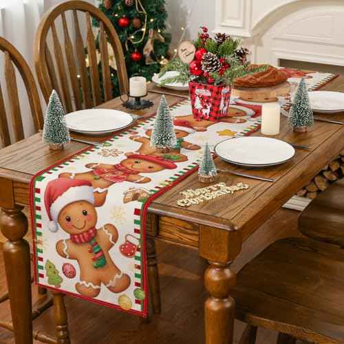 Christmas Table Runner, Xmas Funny Gingerbread Runner Seasonal Winter Merry Christmas New Year Holiday Home Party Decor Dining Table Decorations 13x72 Inch
