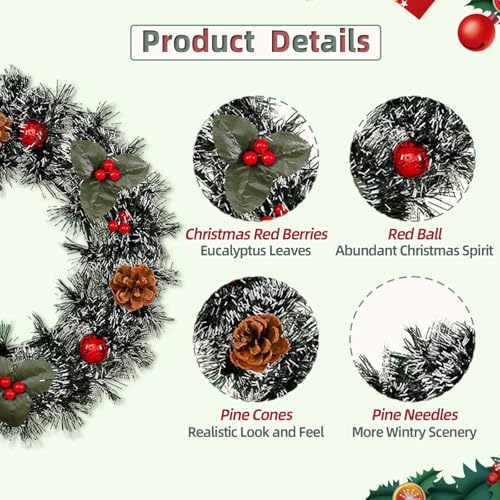 2 Pack Christmas Wreaths 13.8in Front Door with Rope & Hooks, Red Berries & Pinecones
