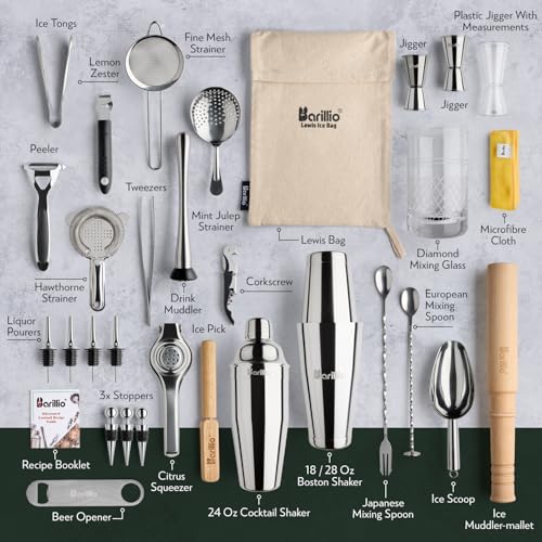 Barillio Pro Edition Silver Cocktail Tool Set - 32-Piece Bartender Kit with Shaker & Muddler