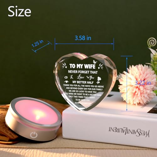 To My Wife Heart Crystal Lamp — Romantic Keepsake Gift from Husband, 6-Color LED Night Light (Wife)