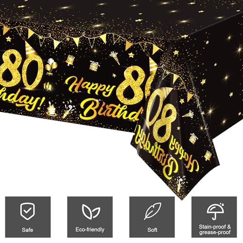 Durony Black Gold 80th Birthday Tablecloth 2 Pack, Waterproof PVC 108 x 54 in
