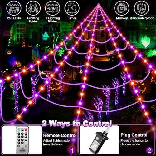 Halloween Outdoor Spider Web Lights with 250 LEDs & 8 Modes - Dark Purple & Orange