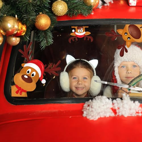 Christmas Reindeer Window Clings - Cute Cartoon Animal Decals, Reusable PVC Window Decor for Winter, Birthday, Baby Shower, Party Glass Mirror, 4 Sheets