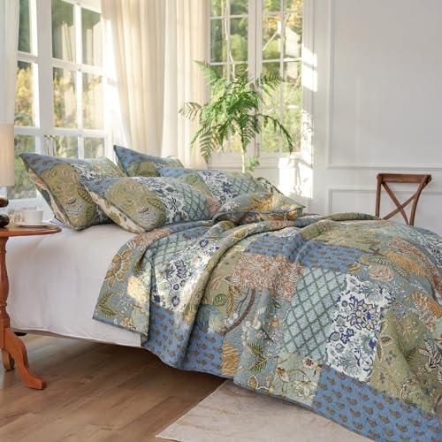 Secgo King Size Sage Green Cotton Comforter Set with 2 Shams - Reversible Patchwork Bedding (98x106 inches)