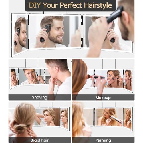 XIGETRAIL Rechargeable 3 Way Mirror for Hair Cutting with 8 Light
