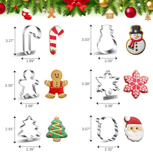 Christmas Cookie Cutter Set 6 Pieces - Christmas Tree, Gingerbread Man, Snowman, Snowflake, Candy Cane, Santa Face Shapes for Holiday Food Party Decorations and Baking