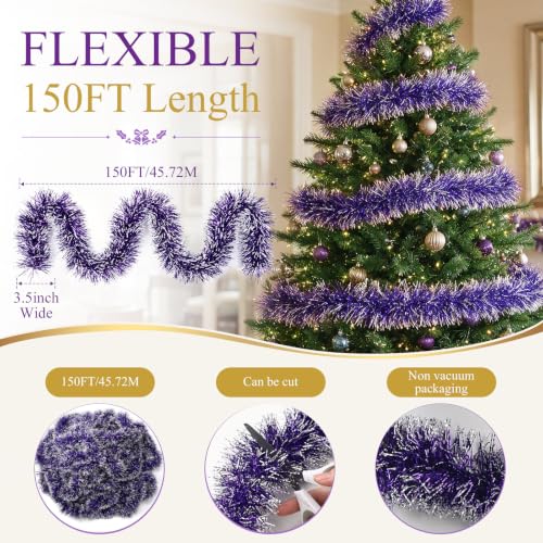 Dilunave Purple 150ft Frost Tip Christmas Tinsel Garland - 1 Piece