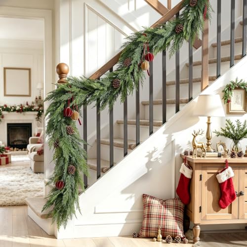 16FT Prelit Realistic Faux Cedar Garland with 8 Lighting Modes for Christmas Decor - KIWDY