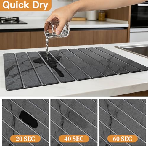 Gray Marble Stone Dish Drying Mat with Rack - Diatomaceous Earth Kitchen Accessories