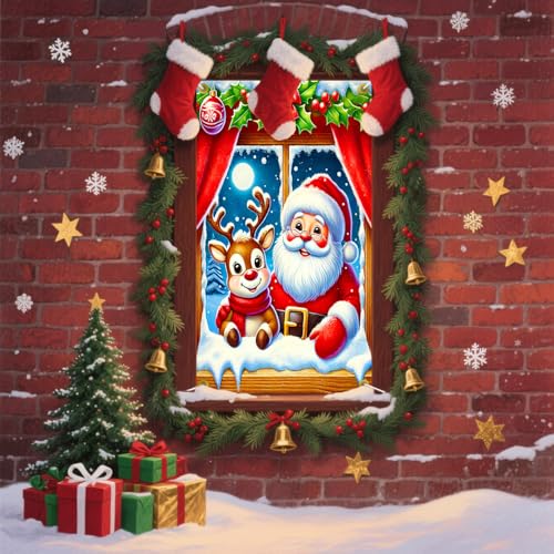 Cmialusie Colorful Santa and Reindeer Window Banner Christmas Decor 31.5x47.2in