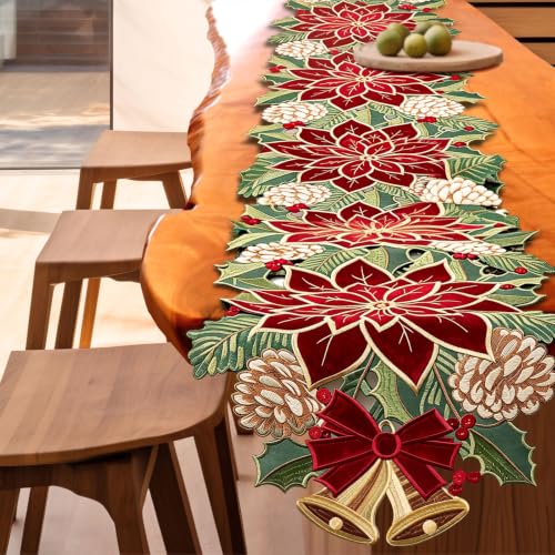 Christmas Tree Table Runner 14x108 in Red Green Winter Linen with Embroidery