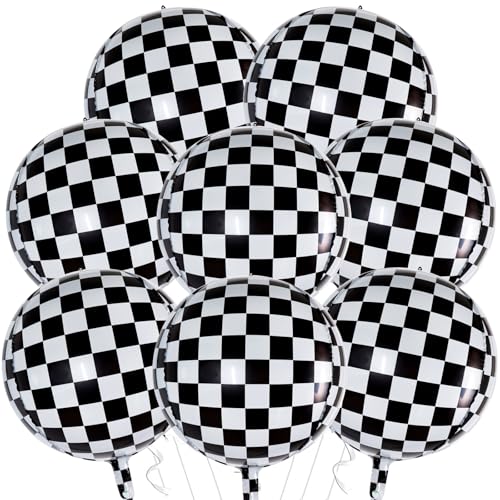 TONIFUL 8Pcs Large Checkered 4D Giant Round Foil Balloon 22inch Big Mirror Metallic Mylar Sephere Balloons for Christmas New Year Birthday Party Graduation Wedding Baby Shower Decoration Supplies