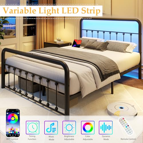 Queen Size Fluest 14-Inch Metal Bed Frame with Charging Station & LED Lights