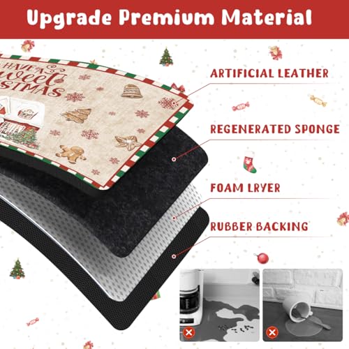 Yamaziot Christmas Dish Drying Mat, 12"x20" Small Coffee Mat Christmas Tree & Gingerbread Man Pattern, Non-Slip Kitchen Counter Mat for Coffee Bar Decor Accessories Espresso Machine Dish Rack Mat