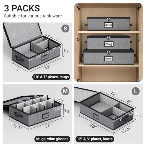 MISSLO Grey 3-Piece Large Capacity China Dish Storage Containers - Protective Kitchen Packing & Moving Boxes