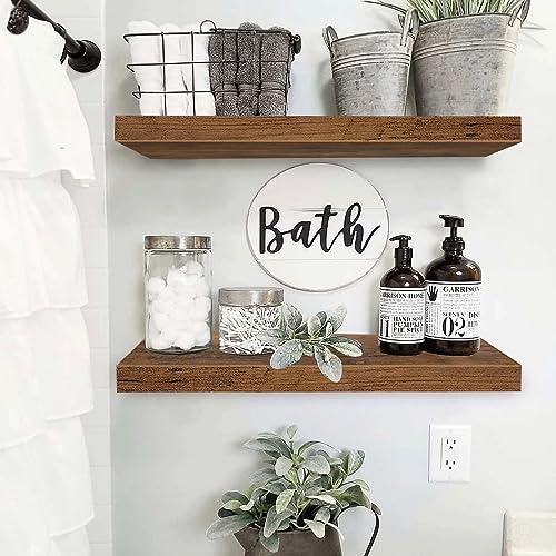 QEEIG Bathroom Long Floating Shelves Set of 2 - Rustic Brown 23.6 Inch Wall Shelves